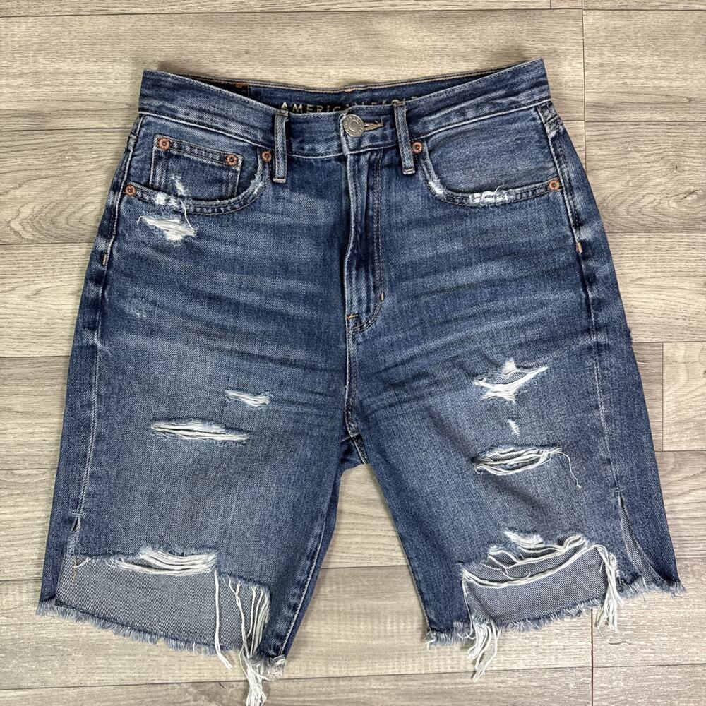 American Eagle Ripped Cut Off 90's Boyfriend Denim Jean Shorts Medium Wash sz 0